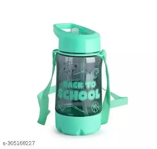 Green 450ML kids sipper water bottle with straw and belt, school picnic bottle for children