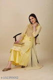 Yellow Chanderi Cotton Kurta Set with Palazzo and Dupatta, featuring gold prints and lace ornamentation, ideal for festive, traditional, wedding wear