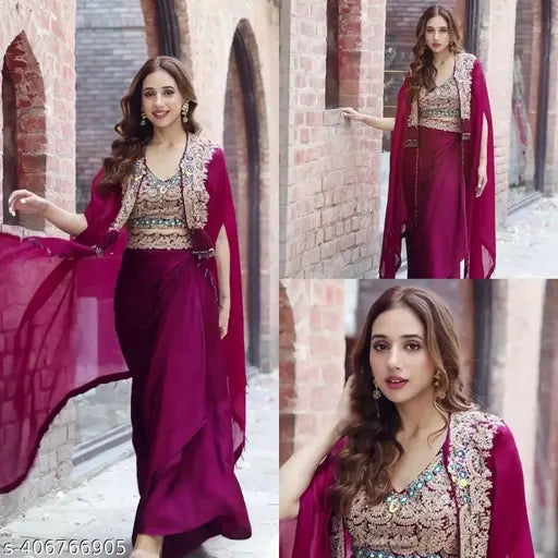 Purple Georgette gown23, elegant ready-pleated Lahenga with long sleeves, India-origin, enchanting garden glam look