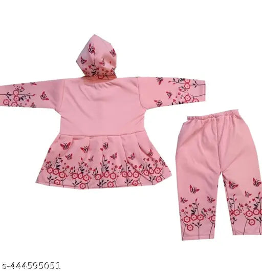 Printed cotton blend winter frock for baby girls, 0-12 months in cool winter designs