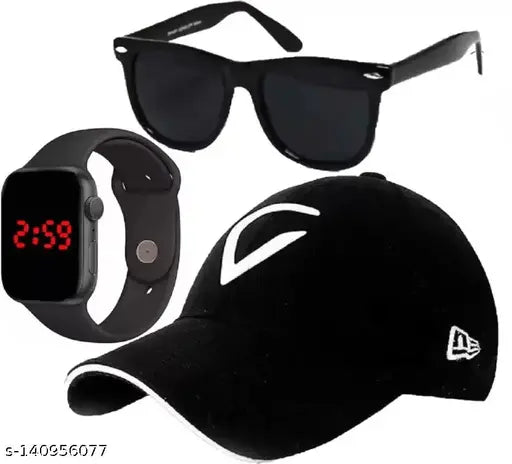 Summer Special New Gen Cotton Hat Pack of 3 with Watch & Sunglasses, printed net design