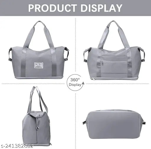 Grey foldable travel duffel bag (Sprqcart Pack of 1), lightweight waterproof and durable polyester. Large capacity for yoga, women, girls, perfect for traveling or gym sports. Solid pattern with two pockets and one inside patch pocket