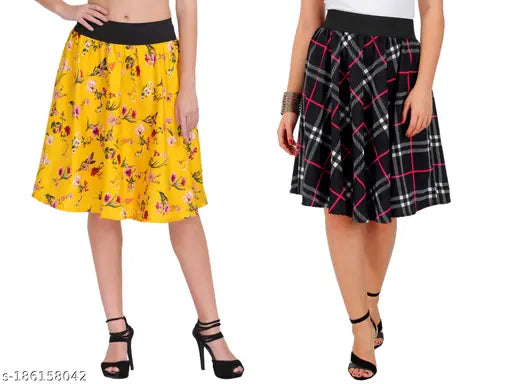 Multicolor polyester Grace Diva knee-length skirt combo, vibrant print design for women's fashion, size 26-36