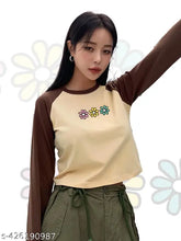 Cotton long-sleeved women's crop raglan tshirt with printed pattern, available in multiple sizes including XS, S, M, L, XL, XXL. Refer to size chart before ordering