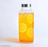 Clear glass, stainless steel lid, French square bottle (1000ml), set of 2 for home juicing, water, smoothie travel drinking fridge