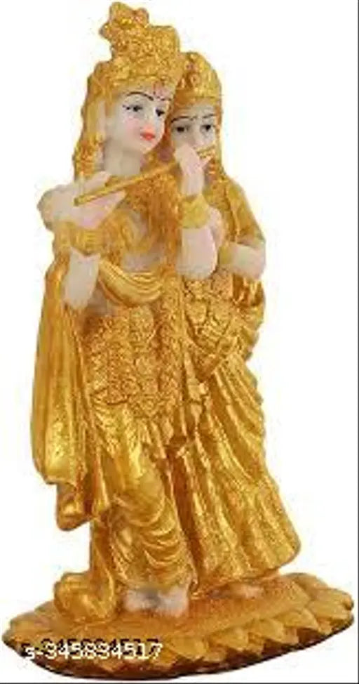 Resin Radha Krishna showpiece statue with gold plating, diya, and black tray. Ideal for home or office decor, religious celebrations, or gifts. Indian-origin decorative murti combo for living room or pooja room