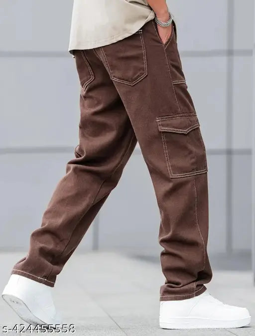 Men's cotton cargo pants, solid brown, size 26x36, Indian craftsmanship