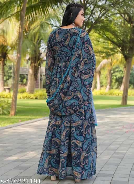 Navy blue georgette gown with dupatta, printed design, long sleeves, V-neck, suitable for women's party wear and festive occasions