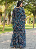 Navy blue georgette gown with dupatta, printed design, long sleeves, V-neck, suitable for women's party wear and festive occasions