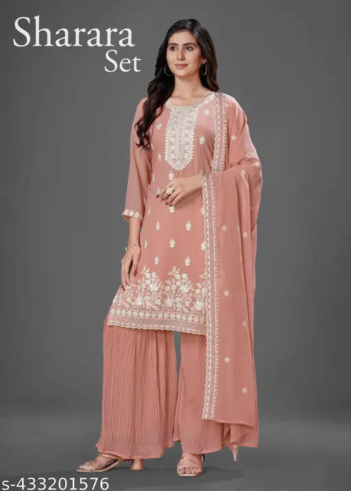 Indian Embroidered Georgette Wedding Sharara Set, full inner kurta with dupatta