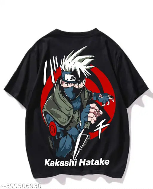 Black cotton blend oversized anime print men's round neck t-shirt, featuring half sleeves and versatile style for diverse occasions