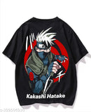 Black cotton blend oversized anime print men's round neck t-shirt, featuring half sleeves and versatile style for diverse occasions