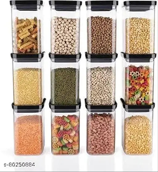Airtight square shape push cap, unbreakable plastic kitchen storage containers (pack of 12, black), BPA-free, stackable and freezer safe for easy organization