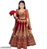 Red velvet kids ethnic semi-stitched lehenga choli & dupatta set
