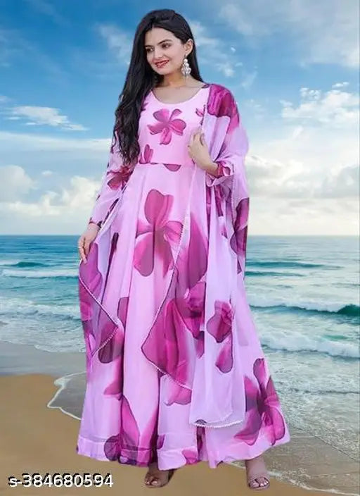 Modern Floral Pink Georgette Gown, high-quality Indian wedding/party dress with long sleeves and printed net pattern