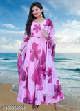 Modern Floral Pink Georgette Gown, high-quality Indian wedding/party dress with long sleeves and printed net pattern
