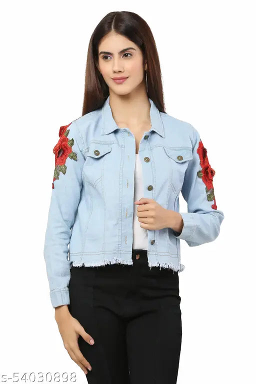 Blue denim jacket with embroidered floral patch, long sleeves, trendy women's clothing from India