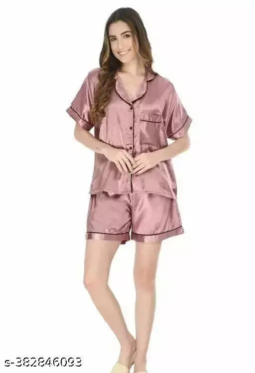 Red satin night suit set for women, short sleeves and shorts with contrast detailing. 100% silky satin fabric, perfect for sleepwear or bridal gifts." (114 characters)