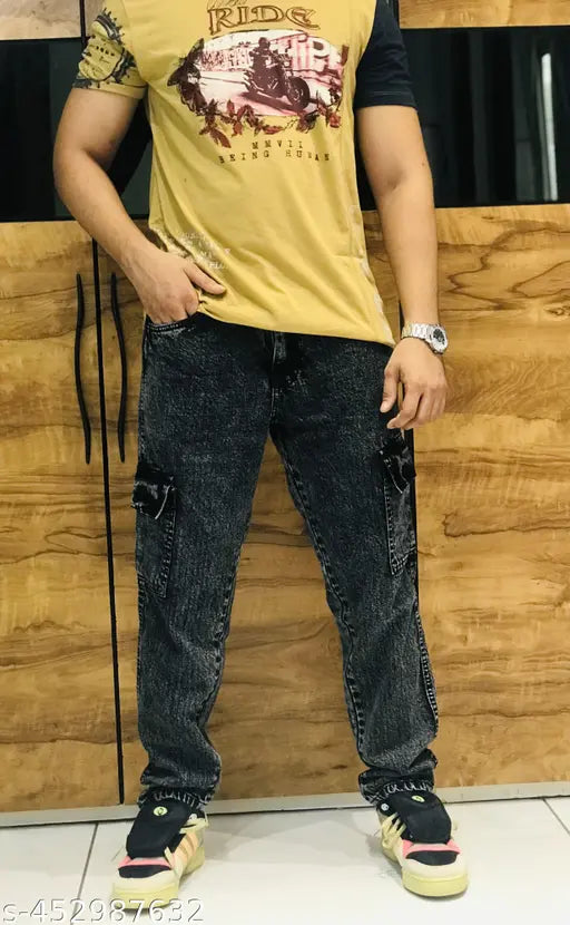 Indian oversized denim jeans, loose fit, six pockets, casual baggy trousers for men - size 28, 30, 32, 34