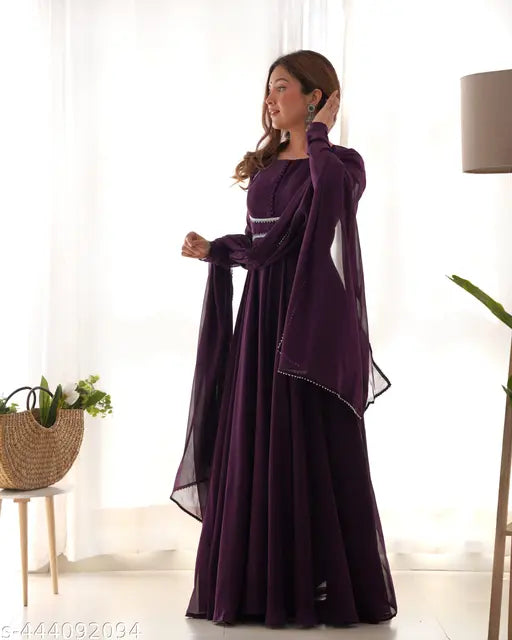 Georgette anarkali gown set in purple, featuring matching dupatta - elegant Indian wedding wear for festivals