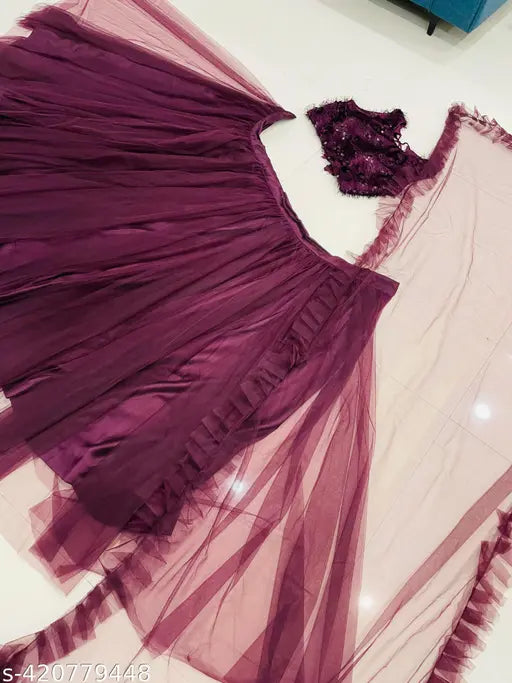 Wine color net jute silk lehenga choli for women and girls, ethnic motif embroidery, trendy partywear