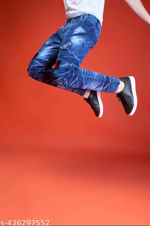 Men's cotton blend funky jeans, solid color denim for everyday wear. Comfortable pockets and stretch fabric for ease. Available in sizes: 28, 30, 32, 34 (waist 28-38in, length 41in, hip 32-36in). Made in India