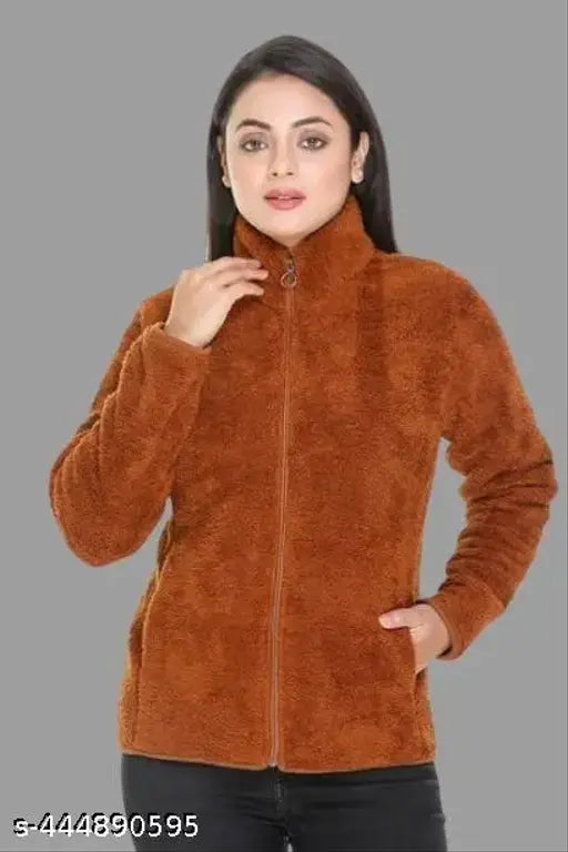 Women's polyester fur jacket, fluffy yarn fleece full zip, long sleeve, faux leather sleeves - winter fashion on model