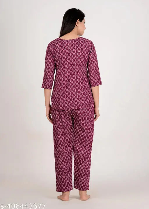 Printed rayon nightsuit, petrol printed pyjamas for women, hand wash with care