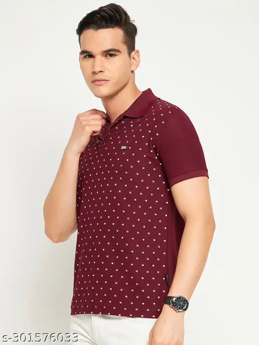 Maroon printed cotton polo t-shirt for men, short sleeves, made in India