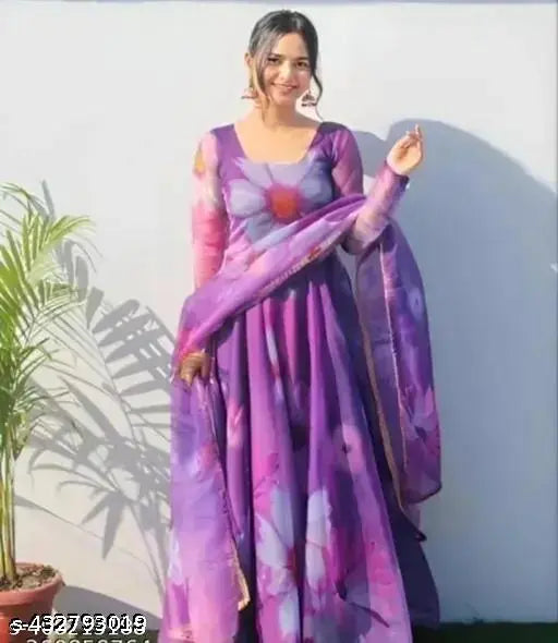 Georgette floral printed partywear long gown kurta dress with dupatta, latest ethnic wear, three-quarter sleeves, size N available