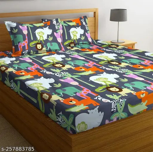 TARAIN Collection Premium Glace Cotton King Flat Bedsheets with 2 Pillow Covers, double bed 75x75, 210TC supersoft, cartoon print, size 90x90