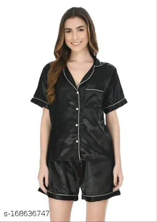 Satin nightsuit set for women (shorts top pajamas), soft, stylish, and relaxed fit in solid color - great as a gift from ZEESHEMEESHE India