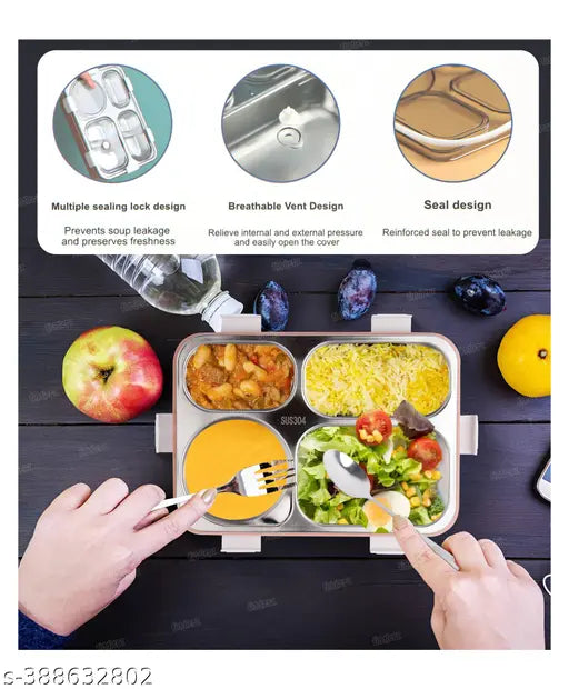 Stainless steel insulated 4-grid lunch box with cutlery (1000 ml), perfect for office lunches or kids meals, airtight and leak-proof design