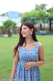 Blue printed flared sleeveless gown, rayon fabric, versatile sizes M-XXXL, fashionable evening wear from India