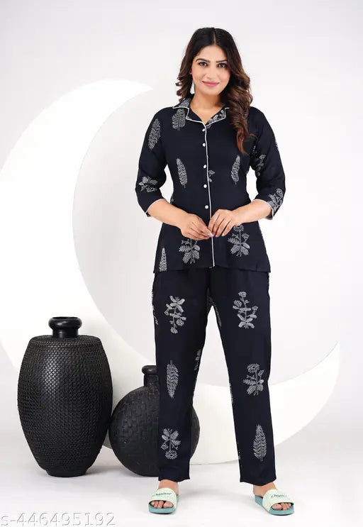 Rayon printed night suit for women, three-quarter sleeves, size S-XXL