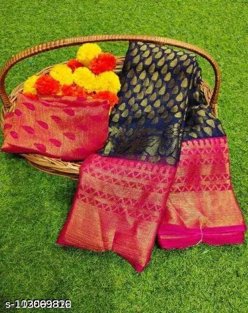 Chiffon Brasso printed saree with matching chiffon running blouse, zari woven pattern, Indian origin