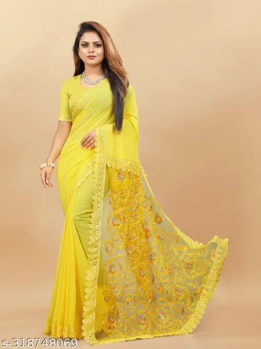 Yellow Georgette embroidered saree, perfect for festive and wedding wear, India-made