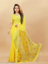 Yellow Georgette embroidered saree, perfect for festive and wedding wear, India-made