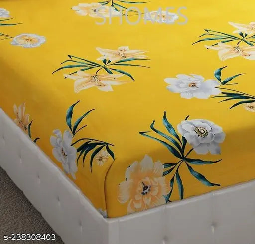 Yellow floral print cotton elastic fitted single bedsheet with one pillow cover, ideal for summer