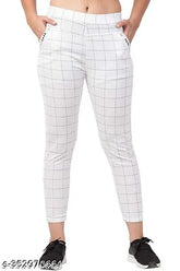 White lycra jeggings with pockets, stylish check pattern for working women