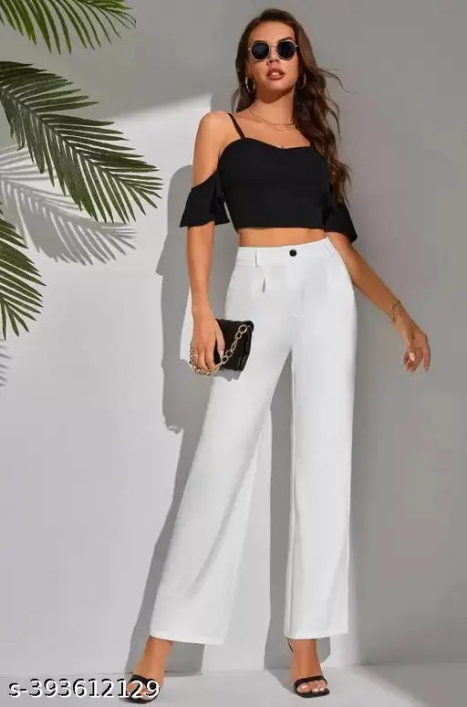 Stylish designer black cotton blend trousers for women, solid pattern, belt loop waistband, comfortable for casual or office wear