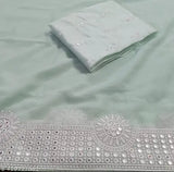 Sequin embroidered satin sari ensemble, free size, India-made, traditional elegance with shimmering pallu and separate blouse