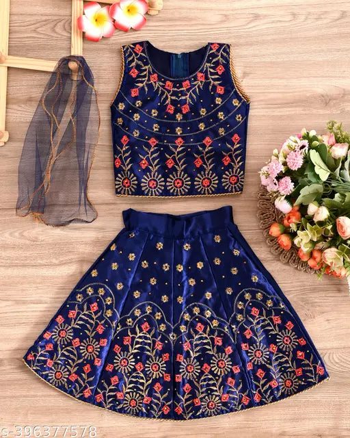 Cotton silk lehenga choli set with embroidery, sleeveless, net dupatta. Indian baby clothes for ages 12 months to 2 years