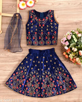 Cotton silk lehenga choli set with embroidery, sleeveless, net dupatta. Indian baby clothes for ages 12 months to 2 years