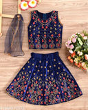 Cotton silk lehenga choli set with embroidery, sleeveless, net dupatta. Indian baby clothes for ages 12 months to 2 years