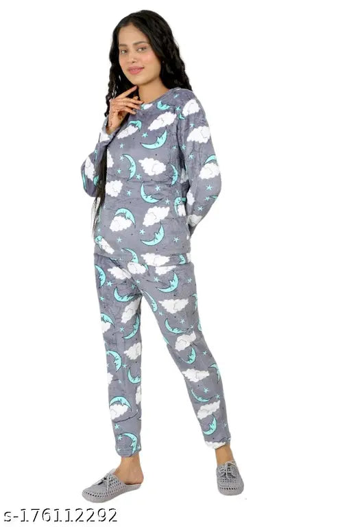 Grey woolen blend fleece fur core velvet night suit printed top and pyjama set