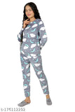 Grey woolen blend fleece fur core velvet night suit printed top and pyjama set