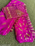 Georgette saree with golden foil and embroidered blouse, new collection 2024. Indian-made georgette women's saree showcased on mannequin with free size fit, featuring gold pellet design and embroidery details