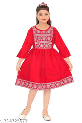 Rayon embroidered kurti for girls, solid pattern in three-quarter sleeves, 7-11 years, Indian fashion