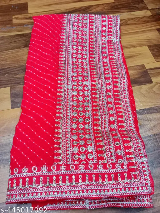 Red Georgette saree with Leheriya print and embroidery, free size (5.5m x 0.8m), Indian origin